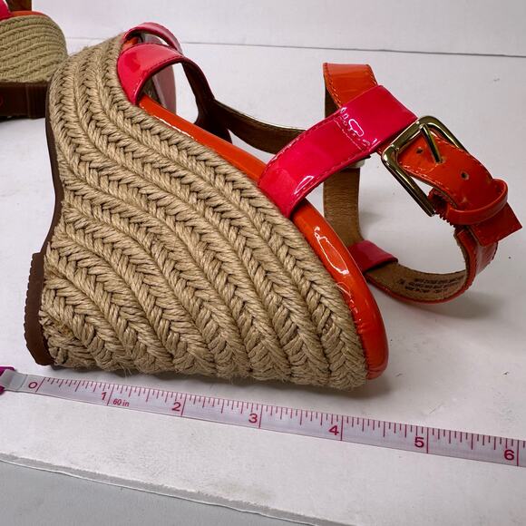 Sofft Womens size 7 Pedra Platform Patent Leather Pink Orange Heel Wedge Sandals - Picture 6 of 10